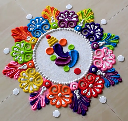 Beautiful Simple rangoli design of flowers with ganesh ji
